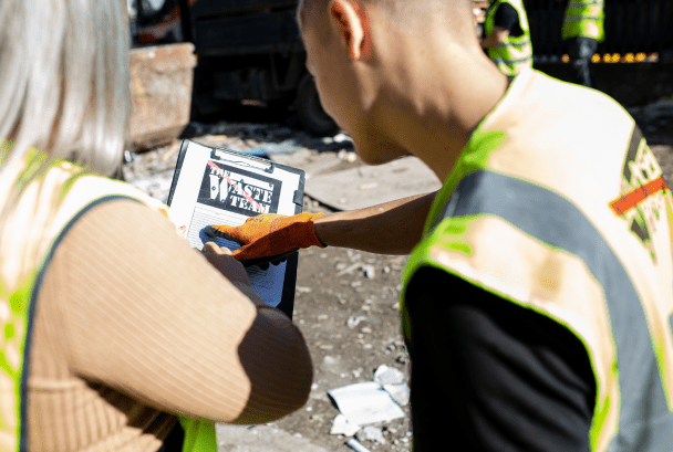 two waste team workers going through commercial contract on a clipboard on-site
